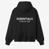 Fear Of God Essentials black and white zip-up hoodie with logo, casual apparel, front view showing the classic design and branding.