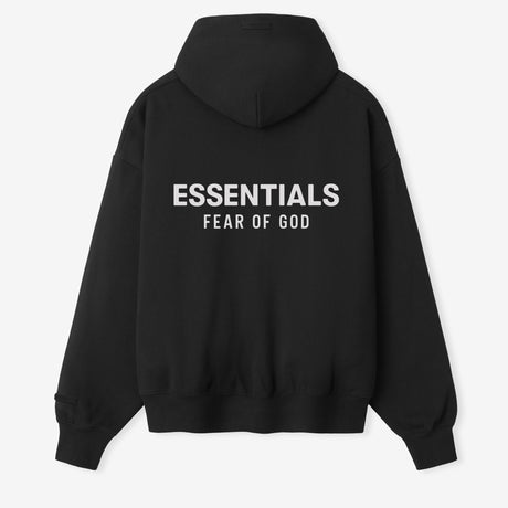 Fear Of God Essentials black and white zip-up hoodie with logo, casual apparel, front view showing the classic design and branding.