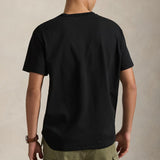 Black Polo Ralph Lauren classic fit heavyweight short sleeve T-shirt, soft cotton fabric, displayed flat with crew neckline.