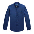 Navy Polo Ralph Lauren classic fit long sleeve Oxford shirt, button-down collar, and chest pocket, displayed on a hanger.