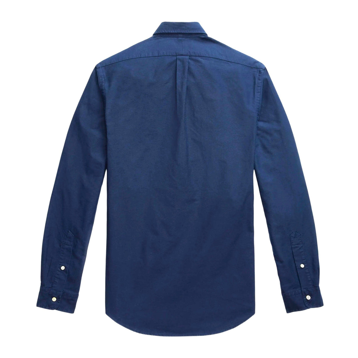Navy Polo Ralph Lauren classic fit long sleeve Oxford shirt displayed on a hanger, showcasing button-down collar and chest pocket.