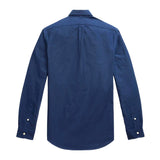 Navy Polo Ralph Lauren classic fit long sleeve Oxford shirt displayed on a hanger, showcasing button-down collar and chest pocket.