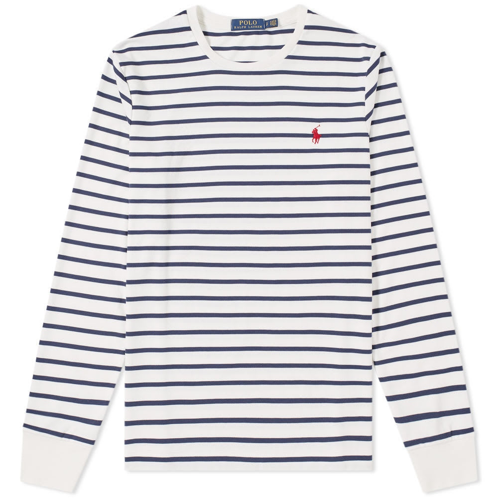 White and navy striped Polo Ralph Lauren classic fit heavyweight long sleeve tee, casual apparel for men.