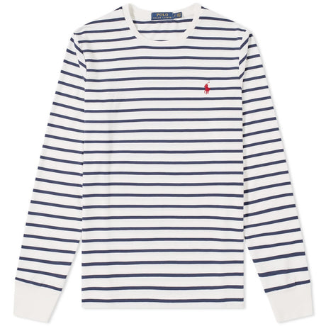 White and navy striped Polo Ralph Lauren classic fit heavyweight long sleeve tee, casual apparel for men.
