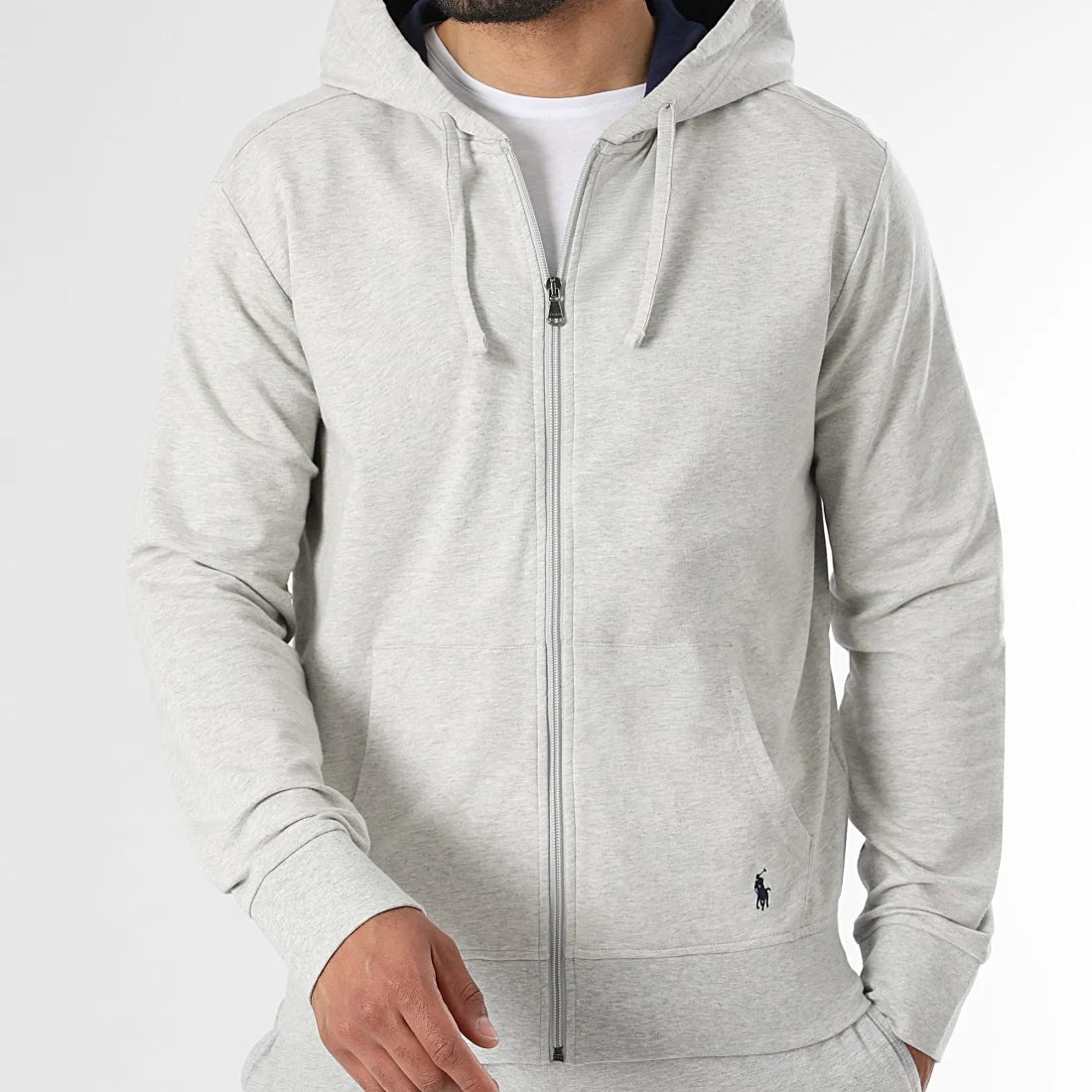 Grey Marl Polo Ralph Lauren fleece zip hoodie with front zipper and ribbed cuffs, casual and comfortable apparel.