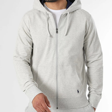 Grey Marl Polo Ralph Lauren fleece zip hoodie with front zipper and ribbed cuffs, casual and comfortable apparel.