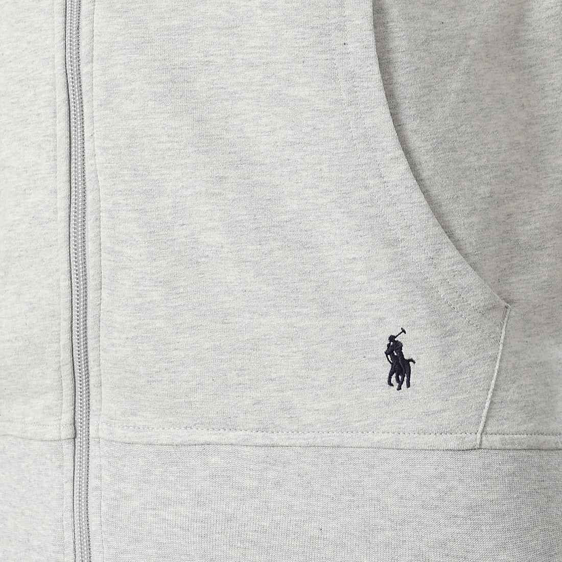 Grey Marl Polo Ralph Lauren fleece zip hoodie with front pockets and adjustable drawstrings, casual apparel for men.
