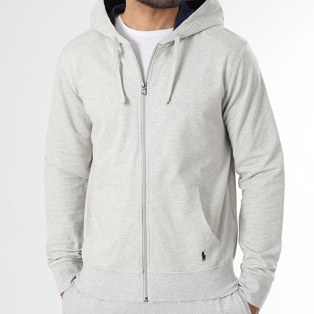 Gray Marl Polo Ralph Lauren fleece zip hoodie with front pockets and ribbed cuffs, casual and comfortable for everyday wear.