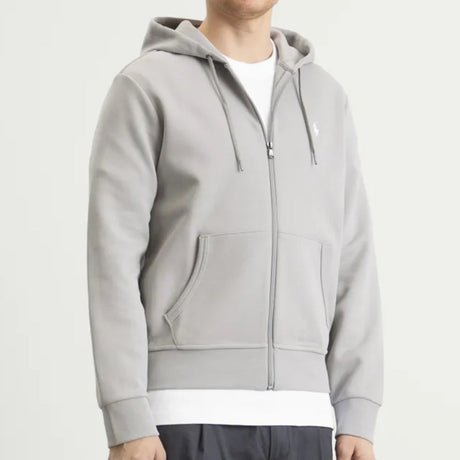 Soft grey Ralph Lauren Double Knit Zip Hoodie from POLO RALPH LAUREN, showing the front with zipper and hood.