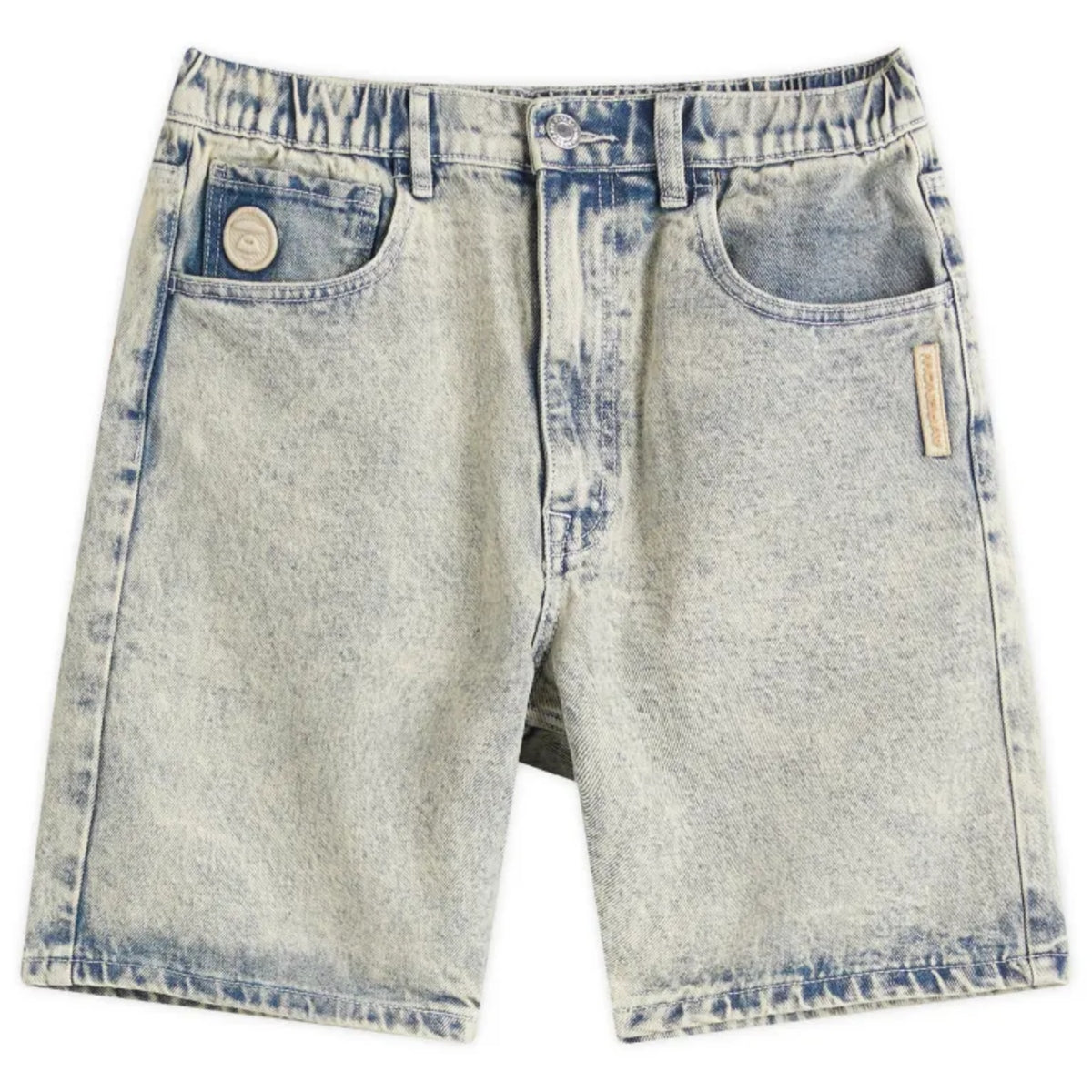 AAPE by Bathing Ape loose fit denim shorts featuring classic blue wash and casual style, perfect for streetwear fashion.
