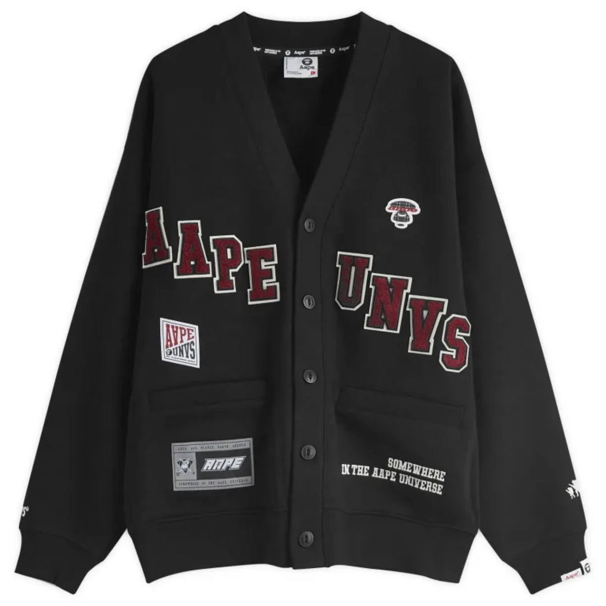 AAPE by Bathing Ape UNVS cardigan, stylish men's apparel in neutral colors, featuring logo details on the front and ribbed cuffs.