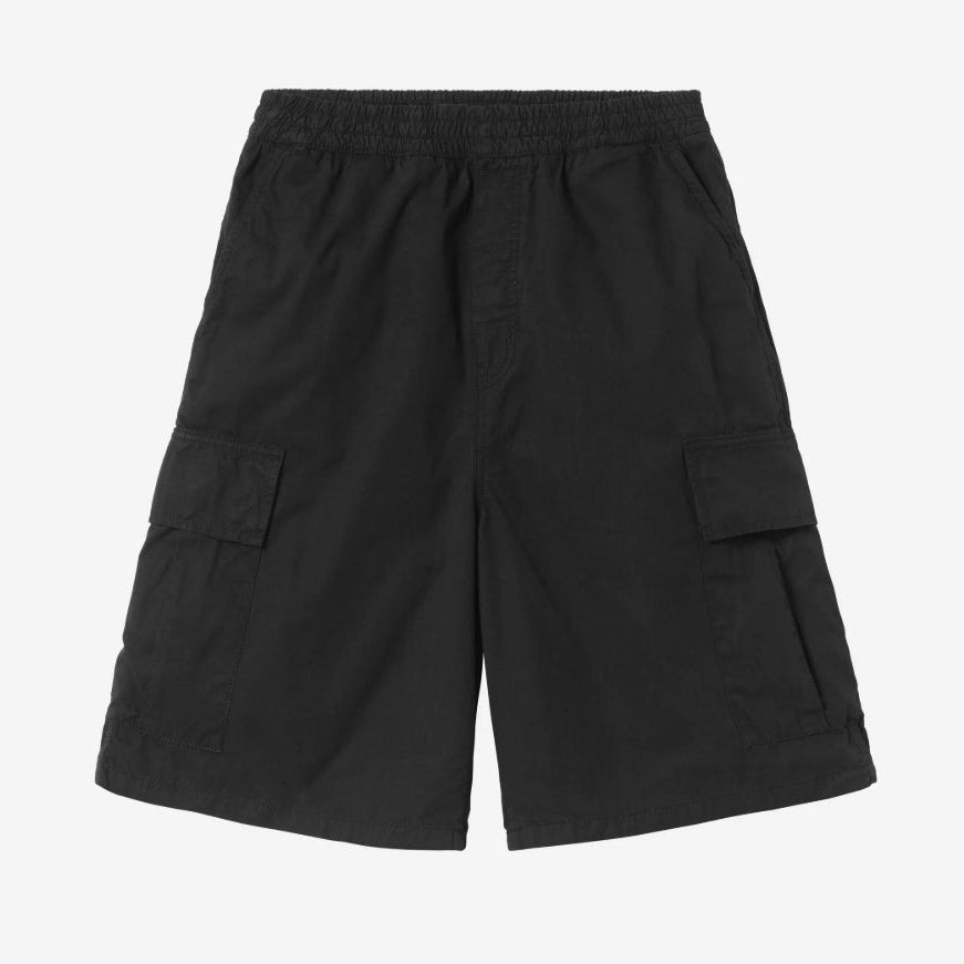 Black Carhartt WIP Mandler cargo shorts with multiple pockets, casual fit, and durable fabric, perfect for outdoor and everyday wear.
