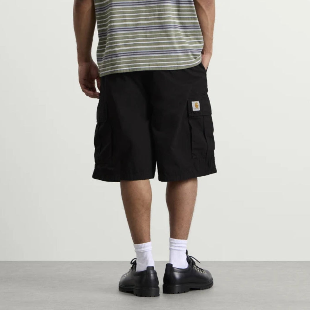 Black Carhartt WIP Mandler Cargo Shorts with multiple pockets and durable fabric, designed for casual wear and outdoor activities.