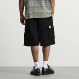 Black Carhartt WIP Mandler Cargo Shorts with multiple pockets and durable fabric, designed for casual wear and outdoor activities.