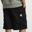 Black Carhartt WIP Mandler Cargo Shorts showing multiple front and side pockets, made of durable fabric for casual wear.