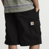 Black Carhartt WIP Mandler Cargo Shorts showing multiple front and side pockets, made of durable fabric for casual wear.