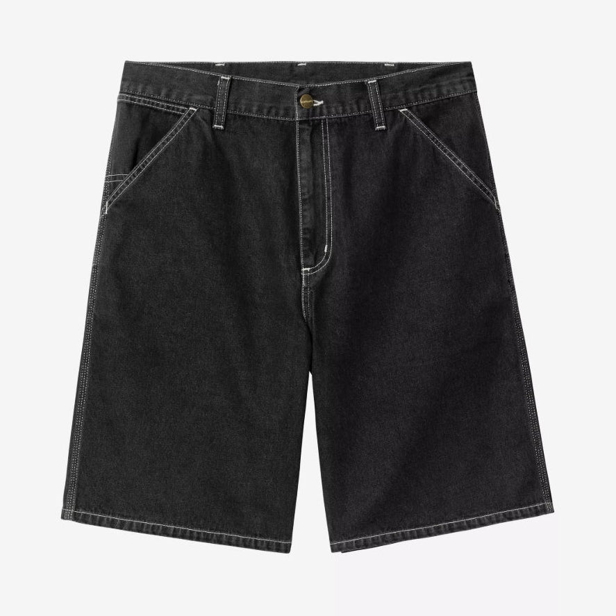 Black Carhartt WIP denim shorts with a heavy stone wash finish, casual apparel for everyday wear.