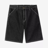 Black Carhartt WIP denim shorts with a heavy stone wash finish, casual apparel for everyday wear.