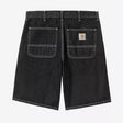 Black Carhartt WIP denim shorts with a heavy stone wash finish, casual apparel for men, shown in a square image.