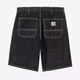 Black Carhartt WIP denim shorts with a heavy stone wash finish, casual apparel for men, shown in a square image.