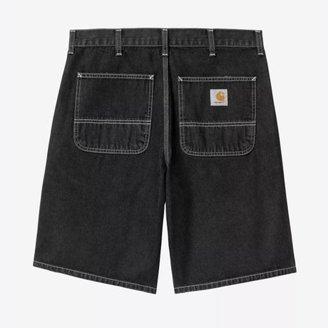 Black Carhartt WIP denim shorts with a heavy stone wash finish, casual apparel for men, shown in a square image.