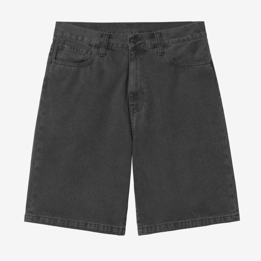 Black stone wash Carhartt WIP Landon loose denim shorts with a relaxed fit, displayed on a plain background.