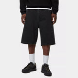 Black stone wash Carhartt WIP Landon loose denim shorts displayed on a hanger, showcasing their relaxed fit and casual style.