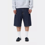 Carhartt WIP Landon loose fit denim shorts in blue rinse, casual men's apparel, showing the relaxed fit and distressed details.