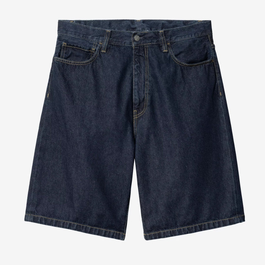 Carhartt WIP Landon loose fit denim shorts in blue rinsed, casual apparel with distressed detailing and belt loops.