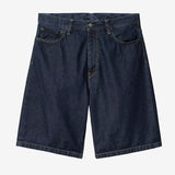 Carhartt WIP Landon loose fit denim shorts in blue rinsed, casual apparel with distressed detailing and belt loops.