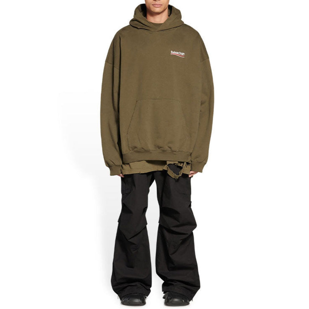 Balenciaga political campaign embroidery large fit khaki hoodie, casual streetwear with bold embroidered design.