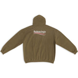 Balenciaga Political Campaign Embroidery large fit khaki hoodie with bold front design and casual style, made from soft fabric.