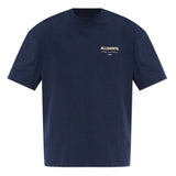 AllSaints Underground Logo Tee in MoonLit Blue, casual short-sleeve t-shirt with printed logo, displayed flat on a white background.