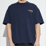 AllSaints Underground Logo Tee in MoonLit Blue, casual short-sleeve T-shirt with logo print, displayed on a flat surface.