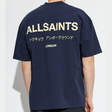 AllSaints Underground Logo Tee in MoonLit Blue, a casual short-sleeve shirt with a graphic logo on the front.