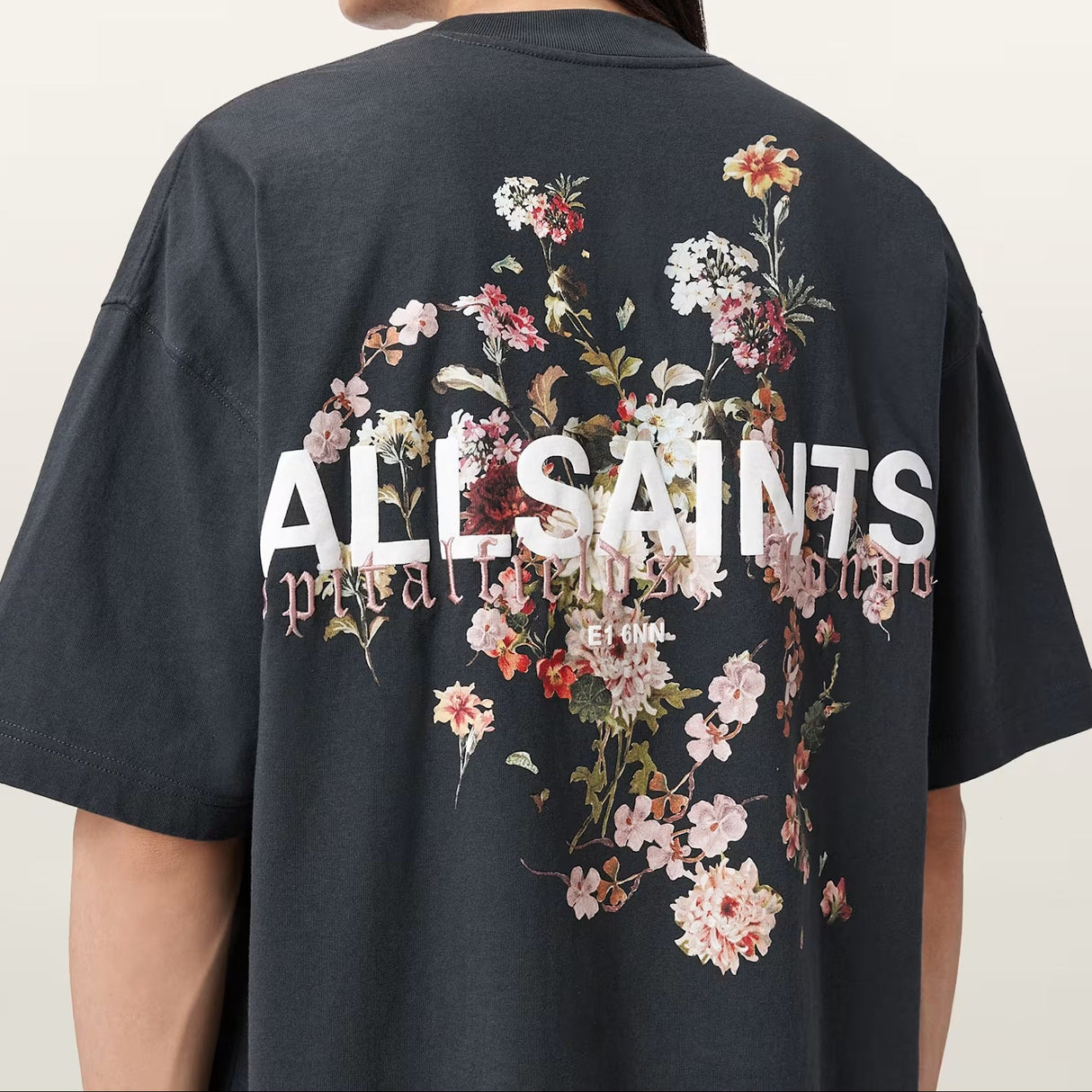 AllSaints Valen Tee in washed black, casual men's apparel featuring a relaxed fit and soft fabric, displayed on a plain background.