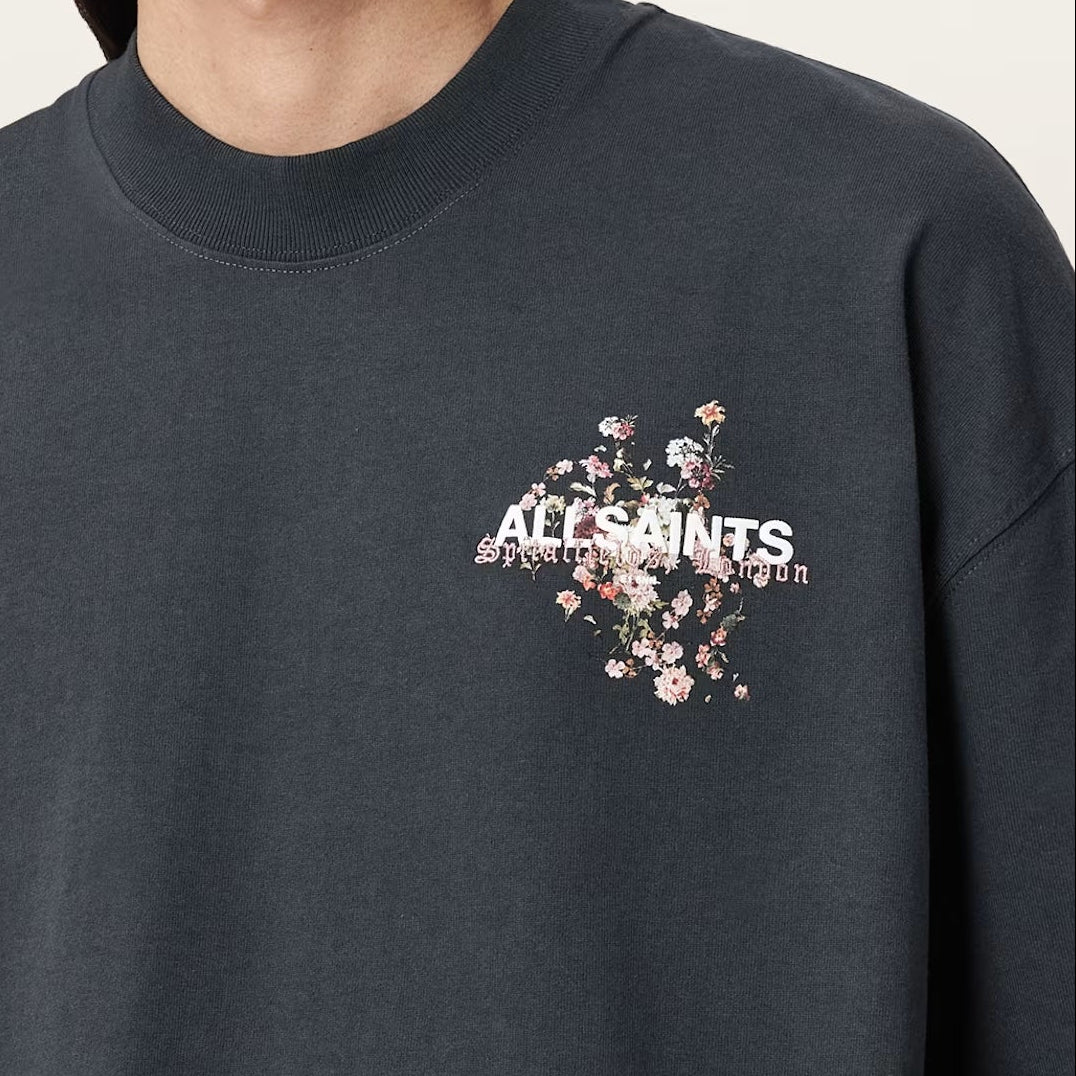 AllSaints Valen Tee in washed black, showcasing a casual short-sleeve men's T-shirt with a relaxed fit and soft fabric.