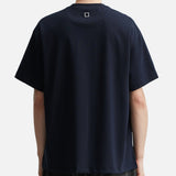 Dark navy Wooyoungmi front logo tee, casual apparel with a simple design, featuring the brand's logo on the chest.