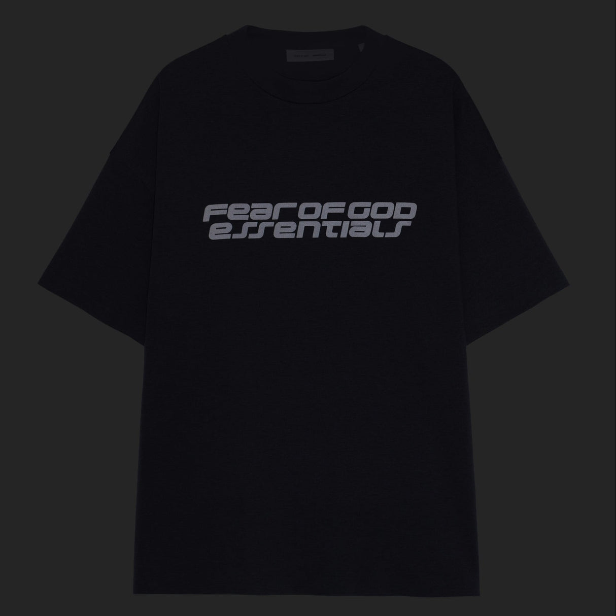 Fear of God Essentials Reflective Logo Ponte 90s Tee in dark grey, featuring a reflective logo on the front, casual and stylish.