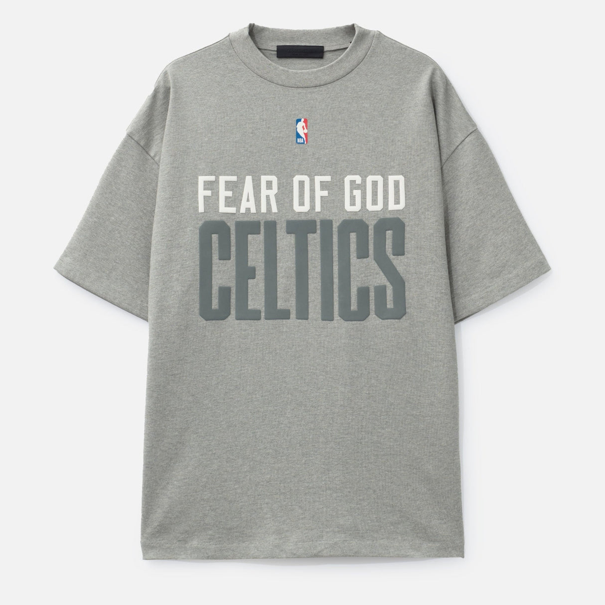 Fear of God Essentials NBA Celtics heavyweight tee in concrete, featuring team logo and 90s-inspired design on soft cotton fabric.