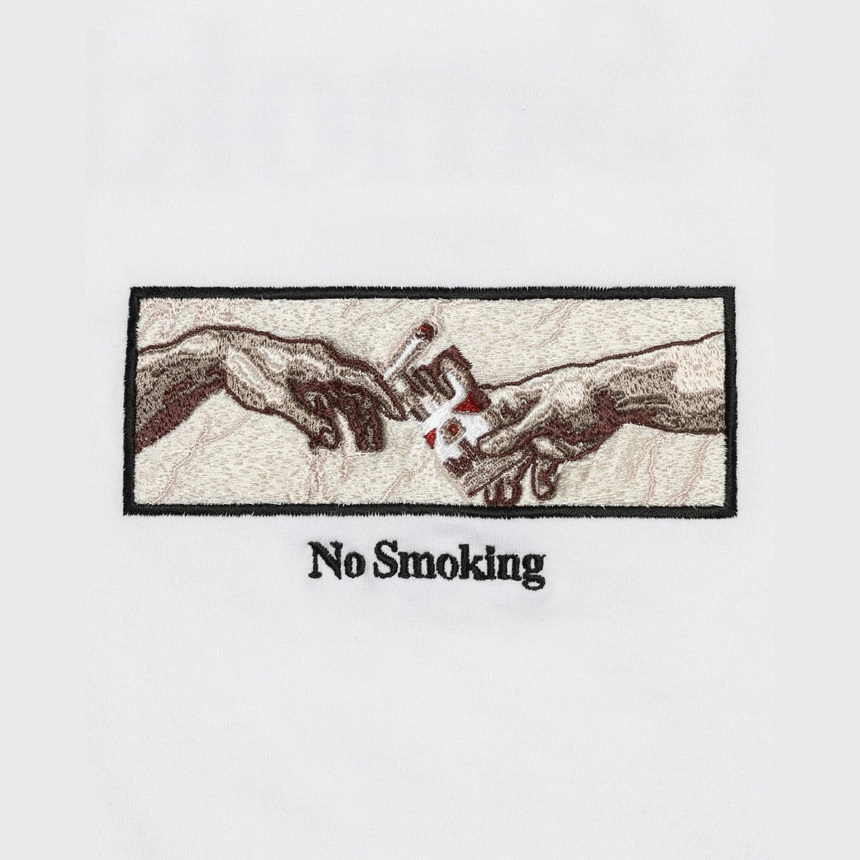 White FR2 embroidery smoking art T-shirt featuring detailed smoking-themed artwork on the front.