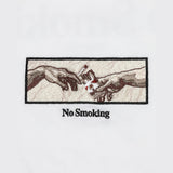 White FR2 embroidery smoking art T-shirt featuring detailed smoking-themed artwork on the front.