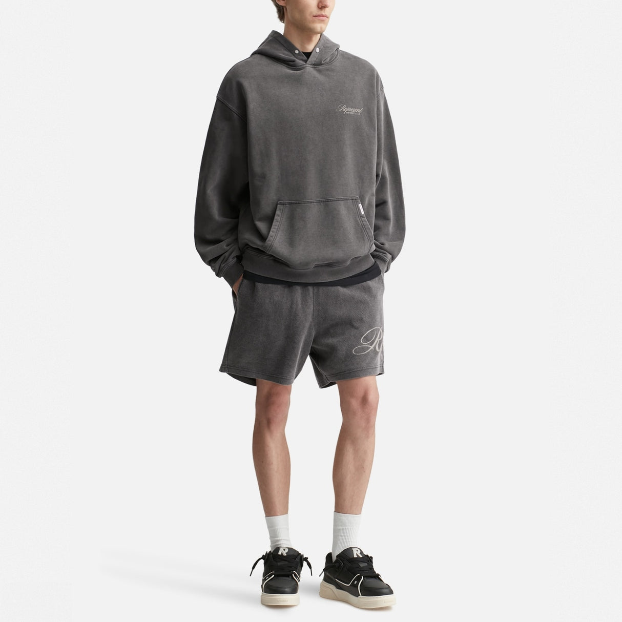 Represent Script Sweat Shorts in vintage black, featuring a relaxed fit and stylish script logo on soft cotton fabric.