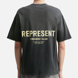 Represent Owners Club Logo Tee in aged black with a prominent logo print on the front. Casual men's T-shirt from REPRESENT.