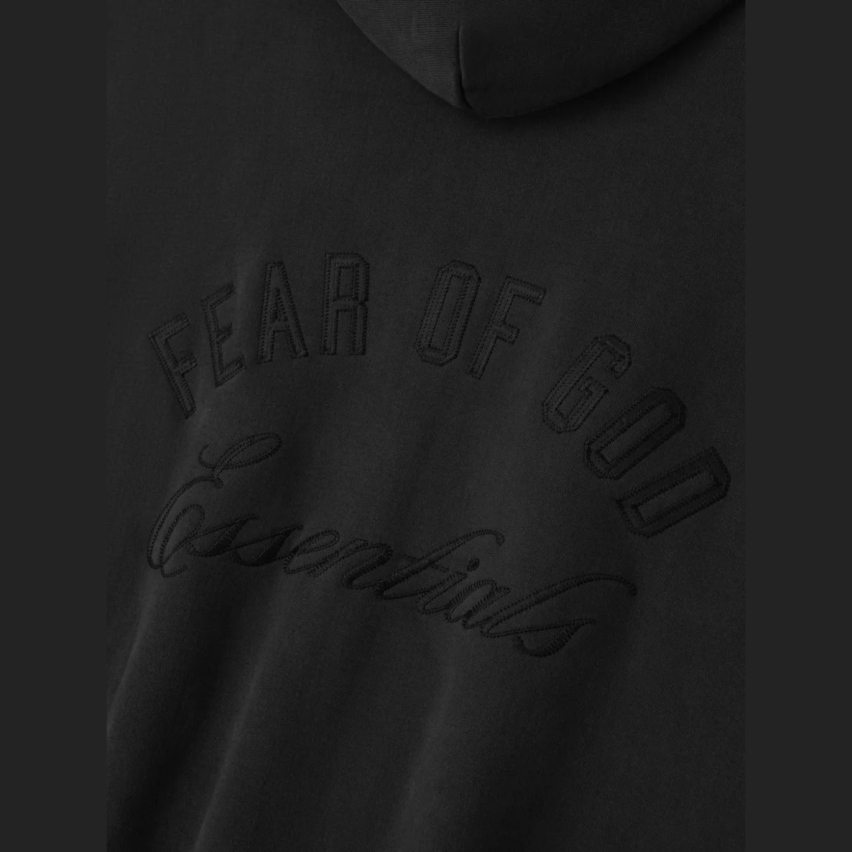Fear Of God Essentials logo zip-up hoodie in vintage black, featuring a classic design and front logo embroidery.