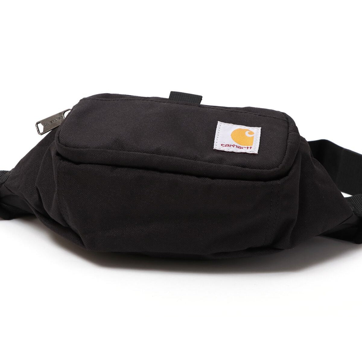 Black Carhartt Classic Waist Bag with adjustable strap and multiple compartments, designed for convenient carrying.