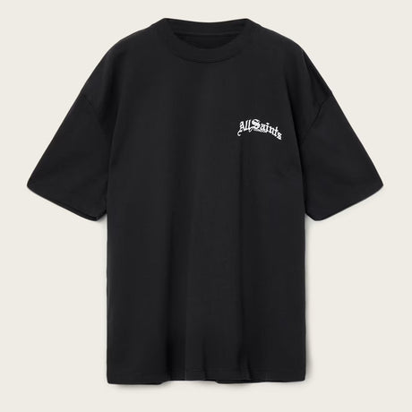 Black AllSaints Descent Embroidered Logo Tee featuring a crew neck, short sleeves, and embroidered logo on the front.