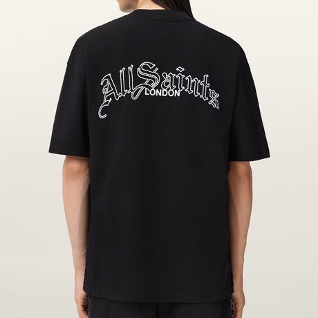Black AllSaints Descent embroidered logo T-shirt, casual apparel with a subtle logo detail, displayed on a white background