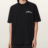 Black AllSaints Descent embroidered logo T-shirt, casual apparel with stylish design and logo detail, displayed flat.