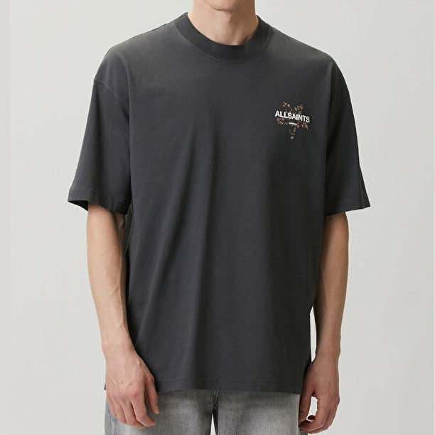 Black AllSaints Pentacle Floral T-shirt featuring a floral pentacle design on the front, casual and stylish apparel.